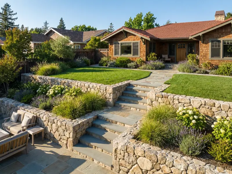 Multi-level hardscape with stone retaining walls and built landscape steps