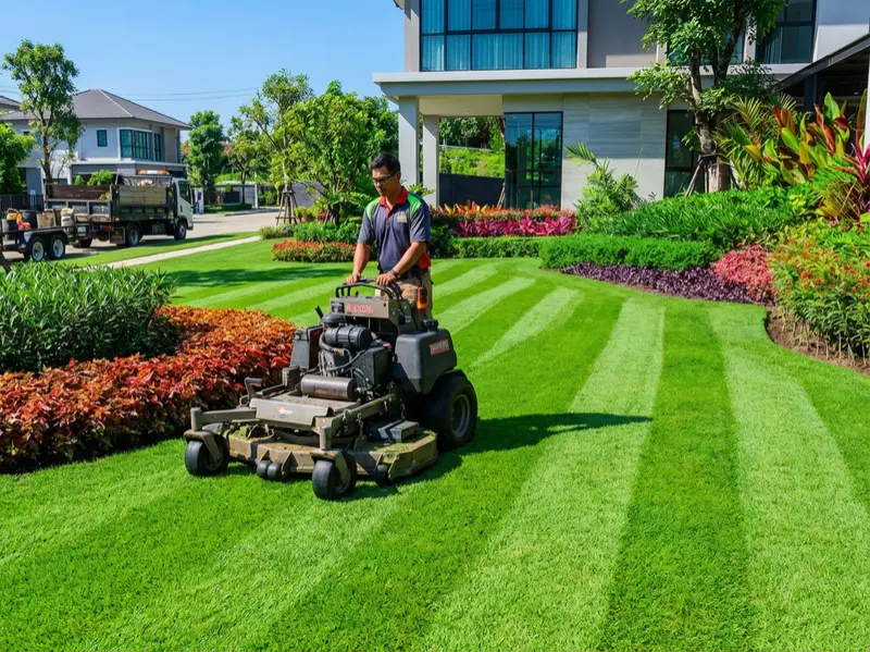 Professional lawn maintenance crew mowing a striped lawn in a landscaped front yard