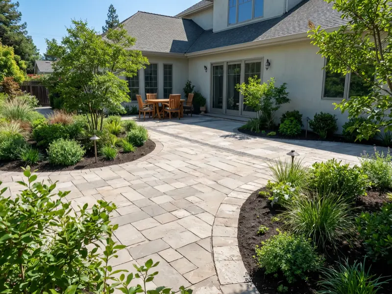 Curved paver walkway and patio installation surrounded by garden planting