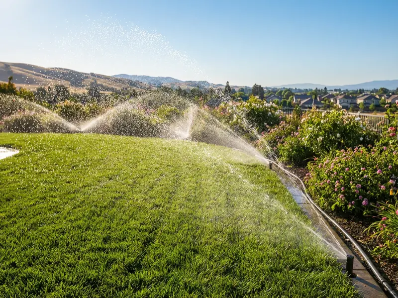 Sprinkler irrigation system watering a healthy lawn across a landscaped hillside