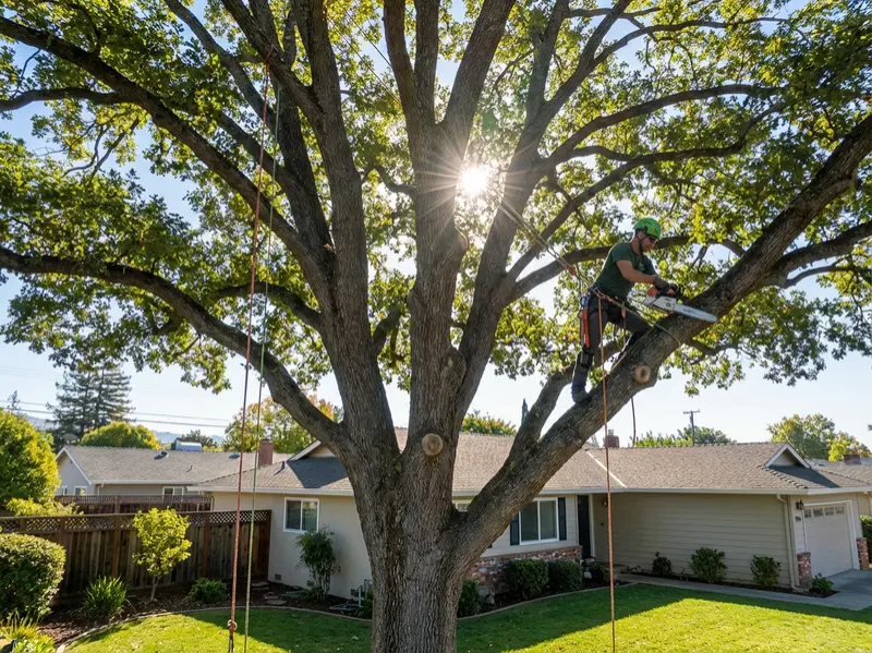 Rosales Landscaping crew performing professional tree trimming in a residential yard